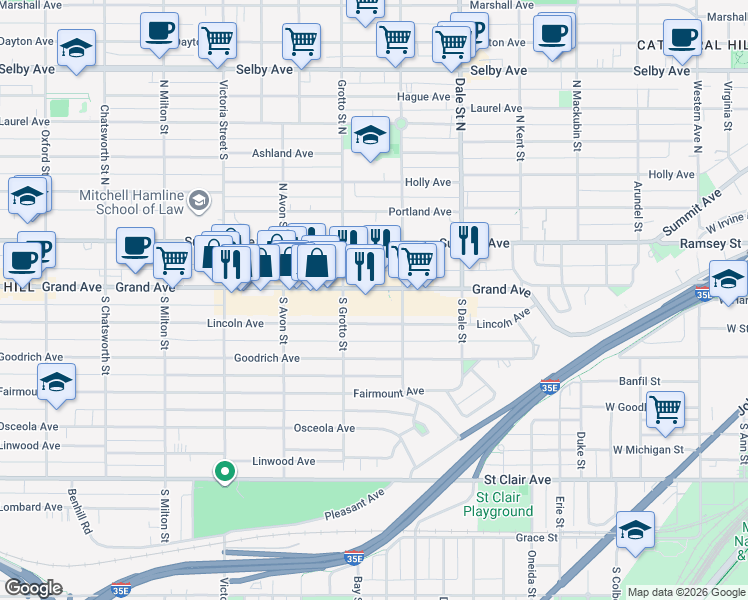 map of restaurants, bars, coffee shops, grocery stores, and more near 720 West Grand Avenue in Saint Paul