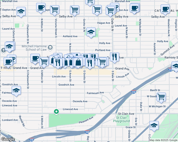 map of restaurants, bars, coffee shops, grocery stores, and more near 720 West Grand Avenue in Saint Paul