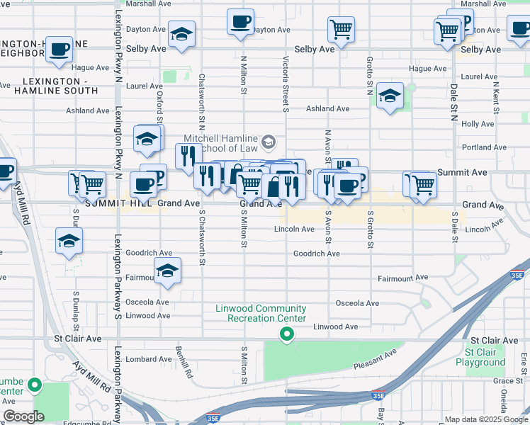 map of restaurants, bars, coffee shops, grocery stores, and more near 891 Grand Avenue in Saint Paul