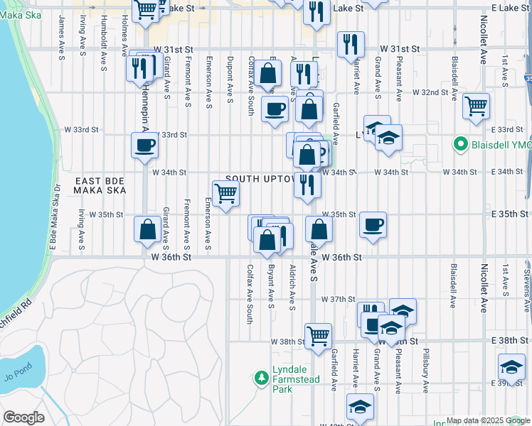 map of restaurants, bars, coffee shops, grocery stores, and more near 3442 Bryant Avenue South in Minneapolis