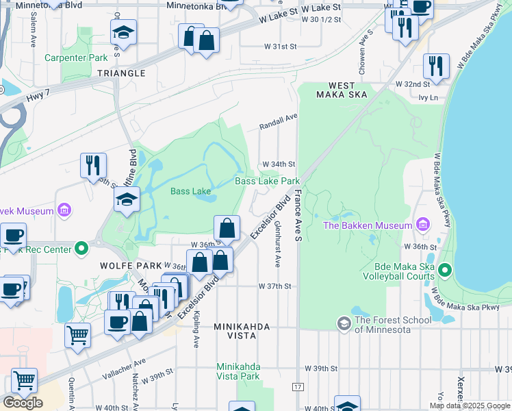 map of restaurants, bars, coffee shops, grocery stores, and more near 3560 Minikahda Court in St. Louis Park