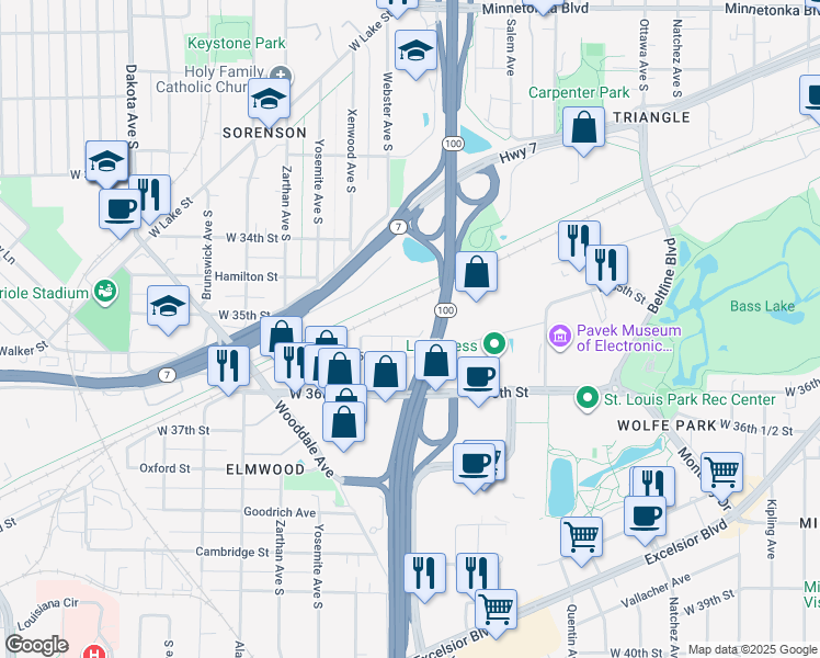 map of restaurants, bars, coffee shops, grocery stores, and more near 5600 Camerata Way in St. Louis Park