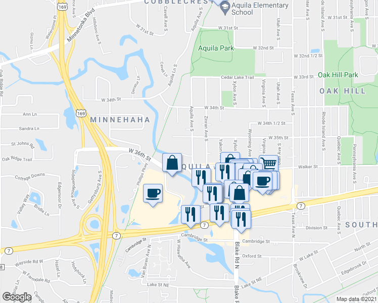map of restaurants, bars, coffee shops, grocery stores, and more near 3536 Aquila Circle in Minneapolis