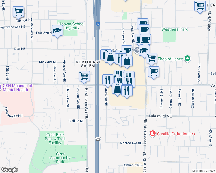 map of restaurants, bars, coffee shops, grocery stores, and more near 3803 Center Street Northeast in Salem