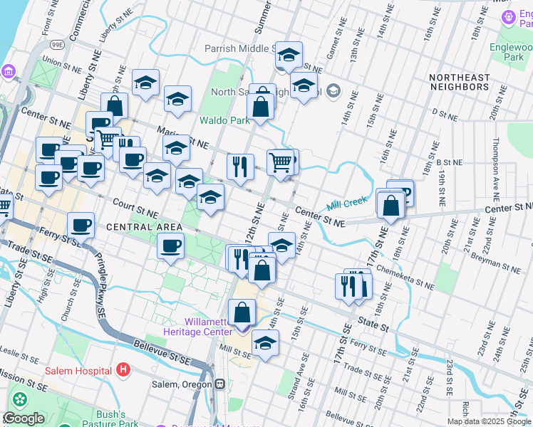 map of restaurants, bars, coffee shops, grocery stores, and more near 1210 Center Street Northeast in Salem
