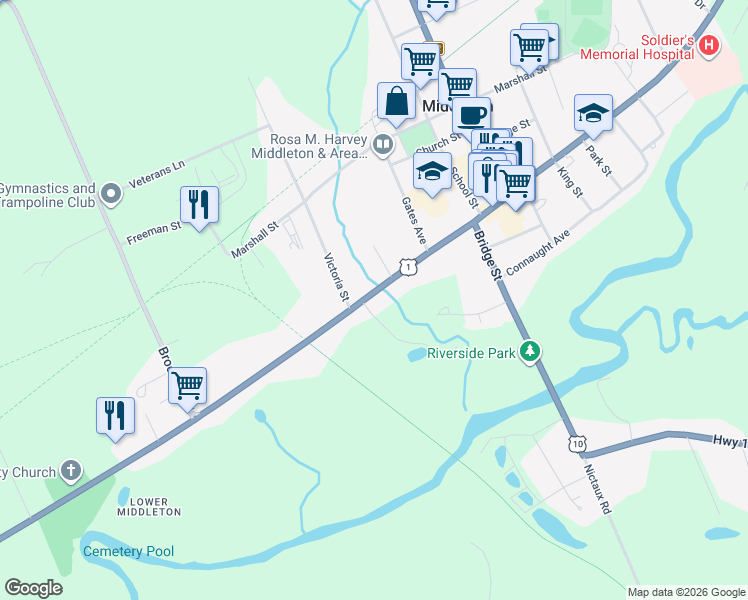 map of restaurants, bars, coffee shops, grocery stores, and more near 206 Main Street in Middleton