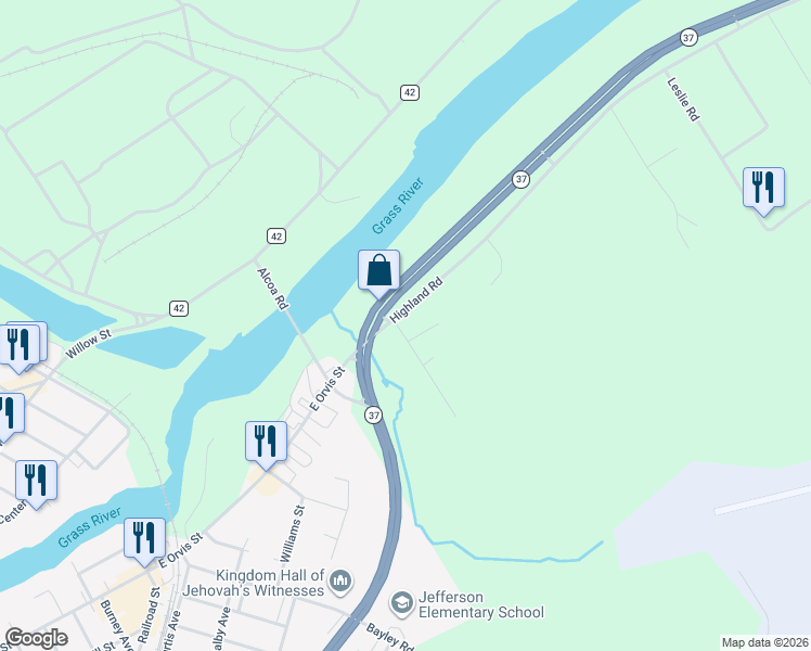 map of restaurants, bars, coffee shops, grocery stores, and more near 22 Highland Rd in Massena
