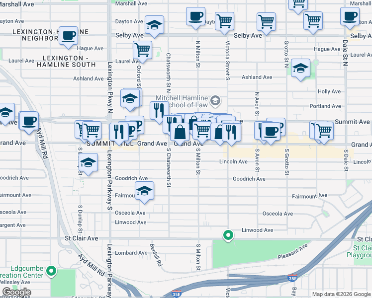 map of restaurants, bars, coffee shops, grocery stores, and more near in Saint Paul
