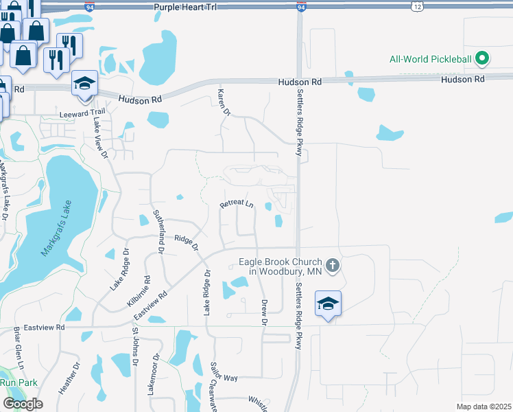 map of restaurants, bars, coffee shops, grocery stores, and more near 10866 Retreat Lane in Woodbury