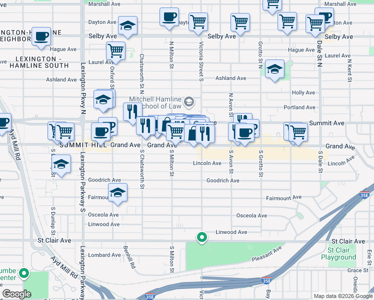 map of restaurants, bars, coffee shops, grocery stores, and more near 888 Grand Avenue in Saint Paul