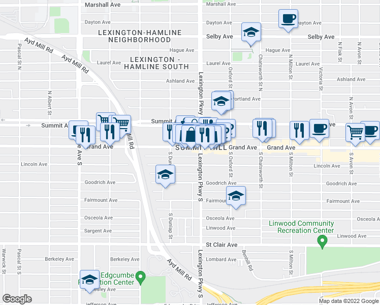 map of restaurants, bars, coffee shops, grocery stores, and more near 1120 Grand Ave in St Paul