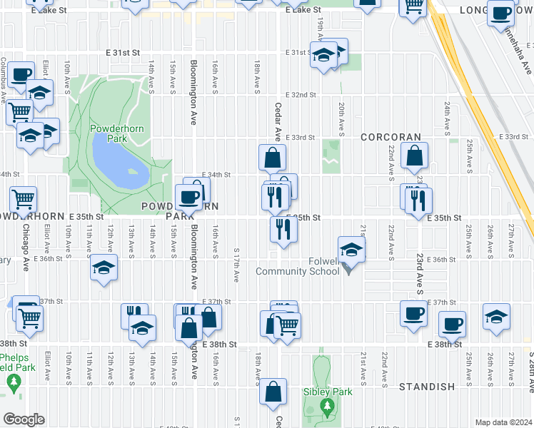 map of restaurants, bars, coffee shops, grocery stores, and more near 1808 East 35th Street in Minneapolis