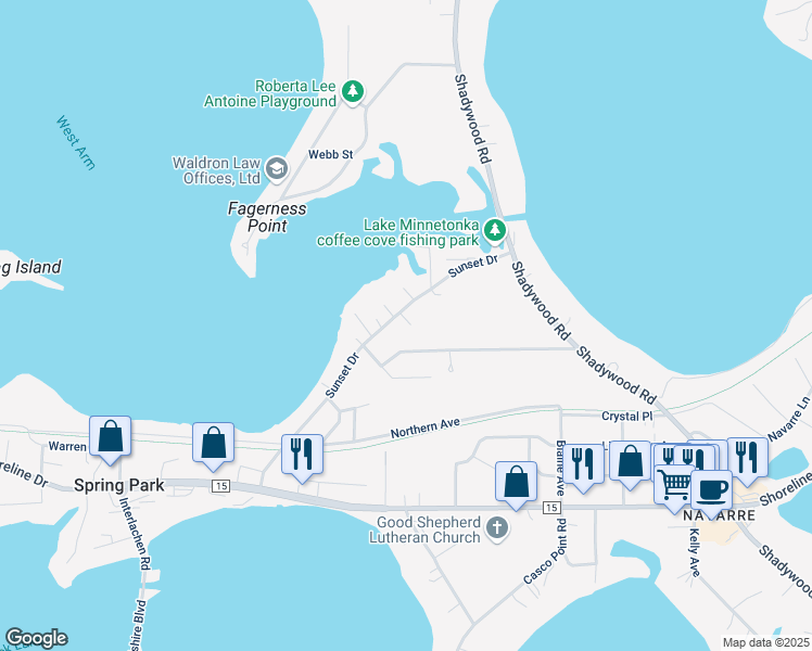 map of restaurants, bars, coffee shops, grocery stores, and more near 3847 Sunset Drive in Spring Park
