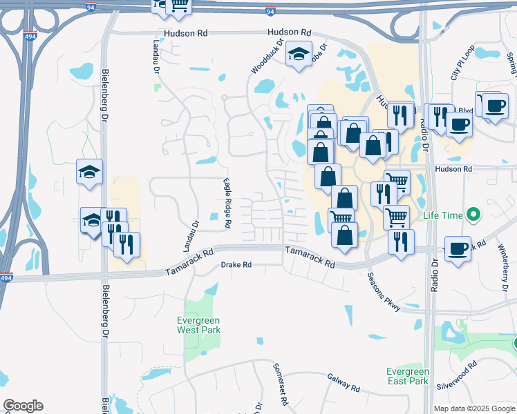 map of restaurants, bars, coffee shops, grocery stores, and more near 633 Kingfisher Lane in Woodbury