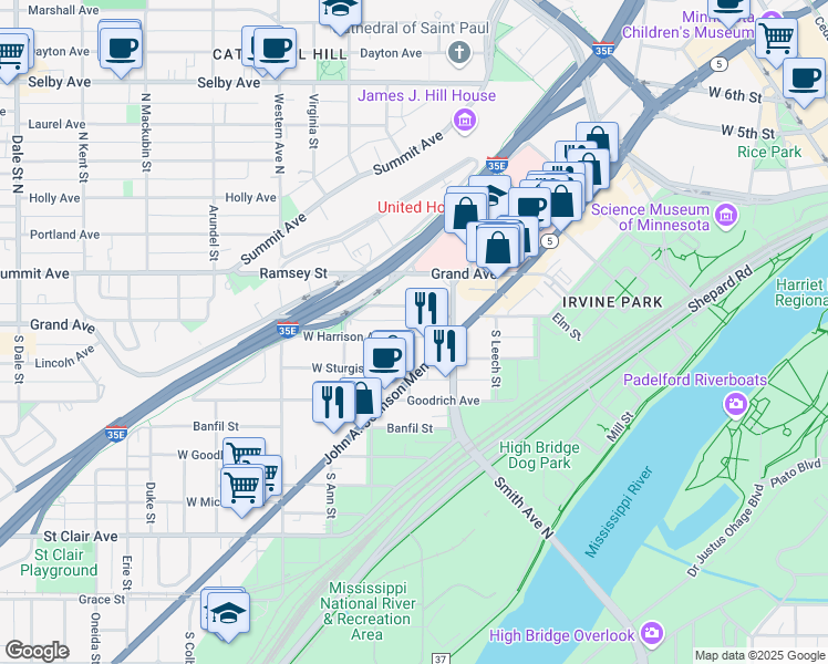 map of restaurants, bars, coffee shops, grocery stores, and more near 47 Douglas Street in Saint Paul