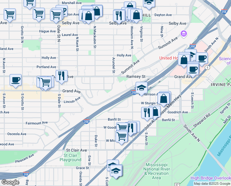 map of restaurants, bars, coffee shops, grocery stores, and more near 429 Grand Avenue in Saint Paul
