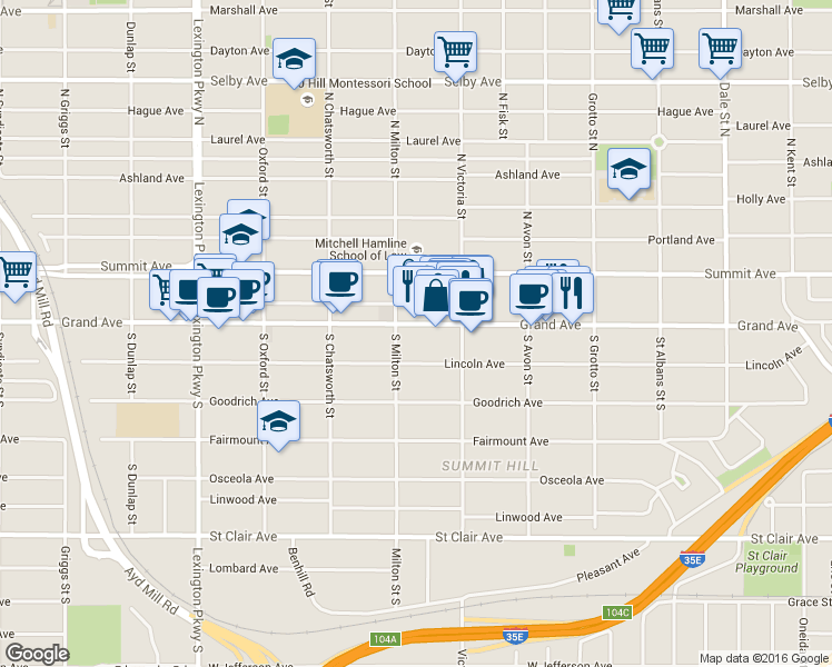 map of restaurants, bars, coffee shops, grocery stores, and more near 891 Grand Avenue in Saint Paul