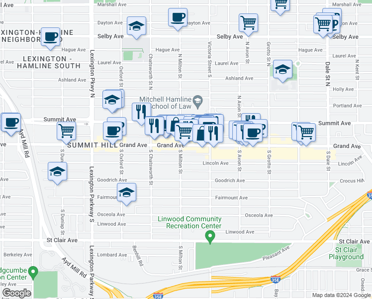 map of restaurants, bars, coffee shops, grocery stores, and more near 891 Grand Avenue in Saint Paul