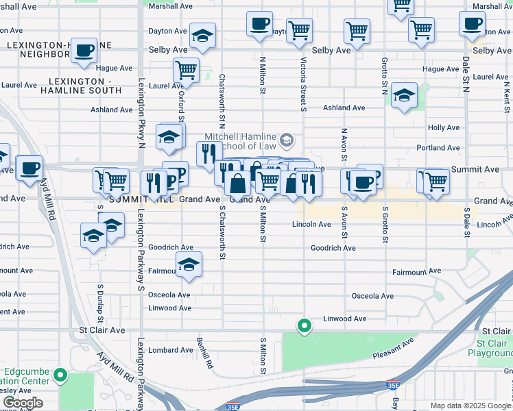 map of restaurants, bars, coffee shops, grocery stores, and more near in Saint Paul