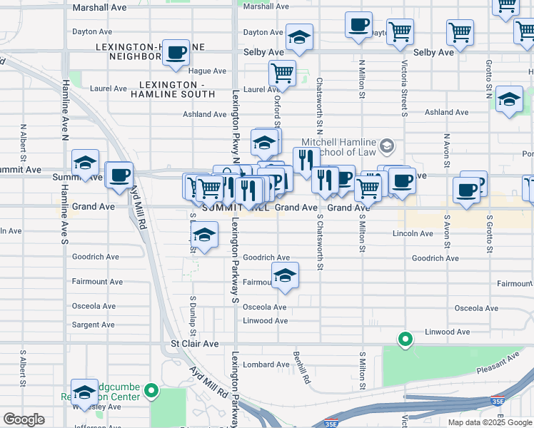 map of restaurants, bars, coffee shops, grocery stores, and more near 1060 Grand Avenue in Saint Paul