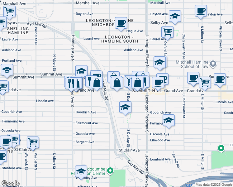 map of restaurants, bars, coffee shops, grocery stores, and more near 1200 West Grand Avenue in Saint Paul