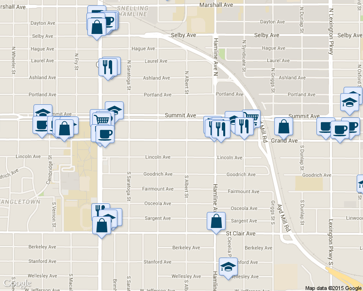 map of restaurants, bars, coffee shops, grocery stores, and more near 1426 West Grand Avenue in Saint Paul