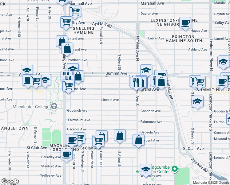 map of restaurants, bars, coffee shops, grocery stores, and more near 1426 West Grand Avenue in Saint Paul
