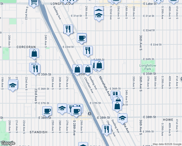 map of restaurants, bars, coffee shops, grocery stores, and more near 3453 Snelling Avenue in Minneapolis