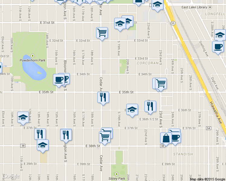 map of restaurants, bars, coffee shops, grocery stores, and more near 3437 Longfellow Avenue in Minneapolis