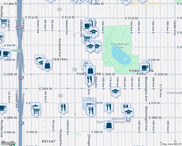 map of restaurants, bars, coffee shops, grocery stores, and more near in Minneapolis