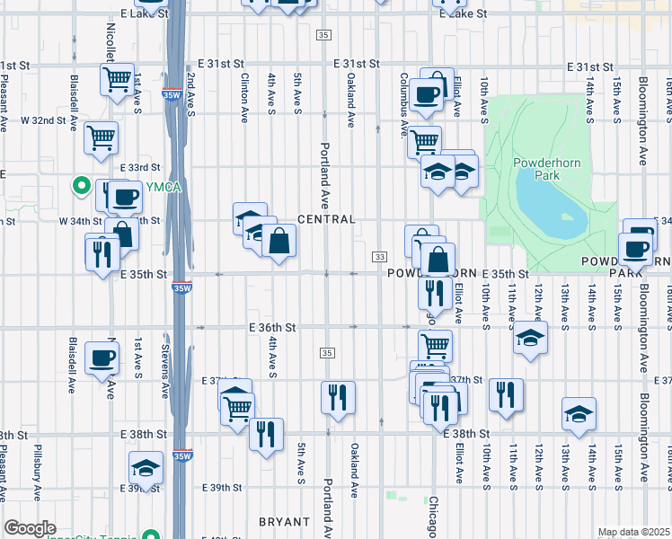map of restaurants, bars, coffee shops, grocery stores, and more near 3437 Portland Avenue in Minneapolis