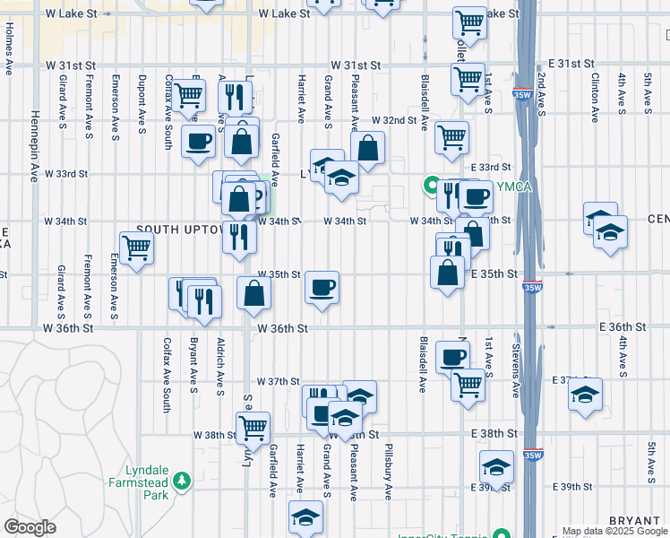 map of restaurants, bars, coffee shops, grocery stores, and more near 3438 Pleasant Avenue in Minneapolis
