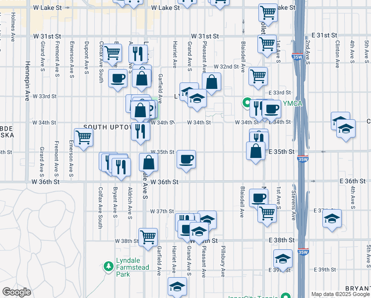map of restaurants, bars, coffee shops, grocery stores, and more near 3439 Harriet Avenue in Minneapolis
