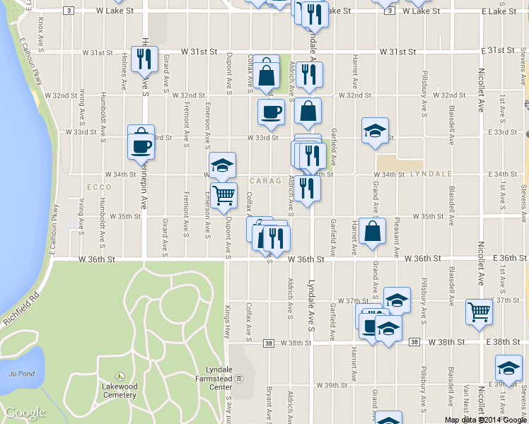map of restaurants, bars, coffee shops, grocery stores, and more near 3442 Bryant Avenue South in Minneapolis