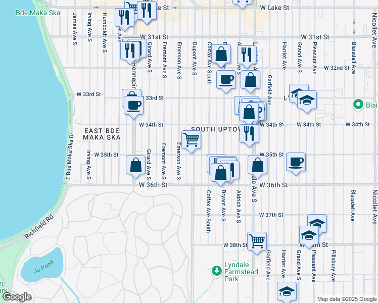 map of restaurants, bars, coffee shops, grocery stores, and more near 3441 Emerson Avenue South in Minneapolis
