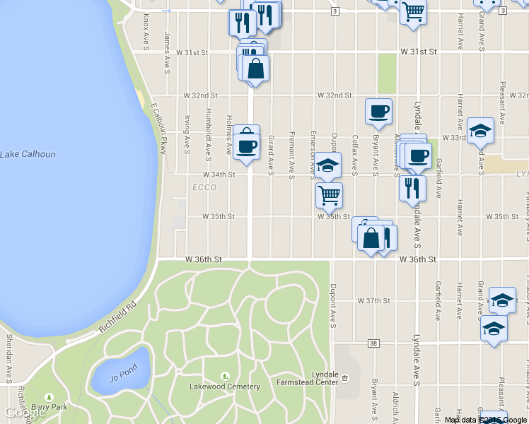 map of restaurants, bars, coffee shops, grocery stores, and more near 3441 Girard Avenue South in Minneapolis