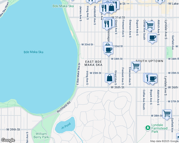 map of restaurants, bars, coffee shops, grocery stores, and more near 3438 Humboldt Avenue South in Minneapolis
