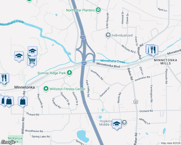 map of restaurants, bars, coffee shops, grocery stores, and more near 13800 Inverness Road in Hopkins