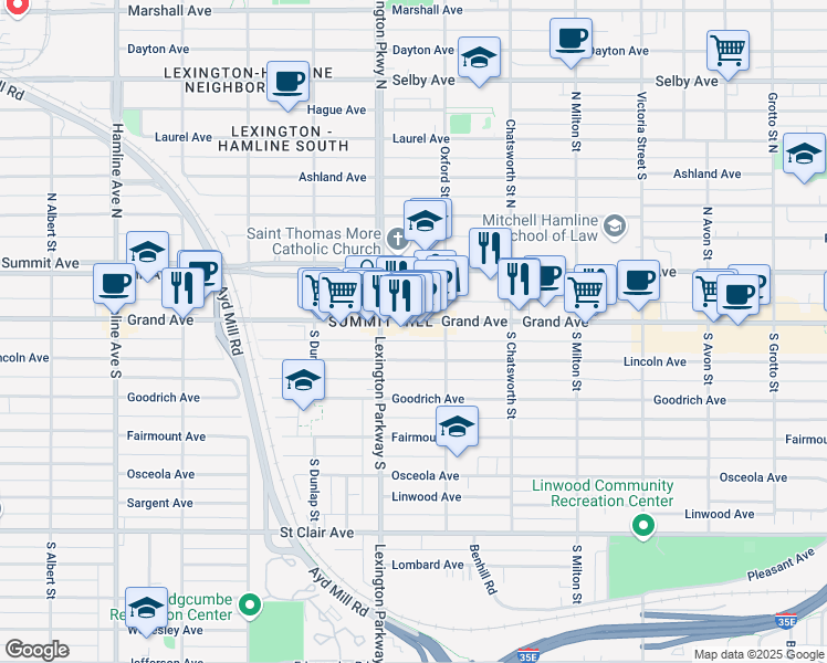 map of restaurants, bars, coffee shops, grocery stores, and more near 1066 Grand Avenue in Saint Paul