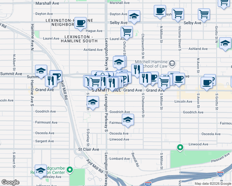 map of restaurants, bars, coffee shops, grocery stores, and more near 1066 Grand Avenue in Saint Paul