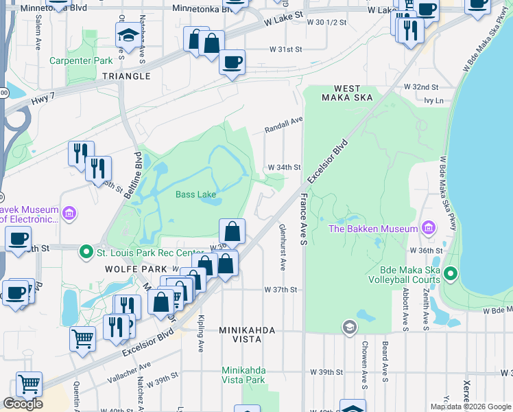 map of restaurants, bars, coffee shops, grocery stores, and more near 3504 Minikahda Court in Saint Louis Park