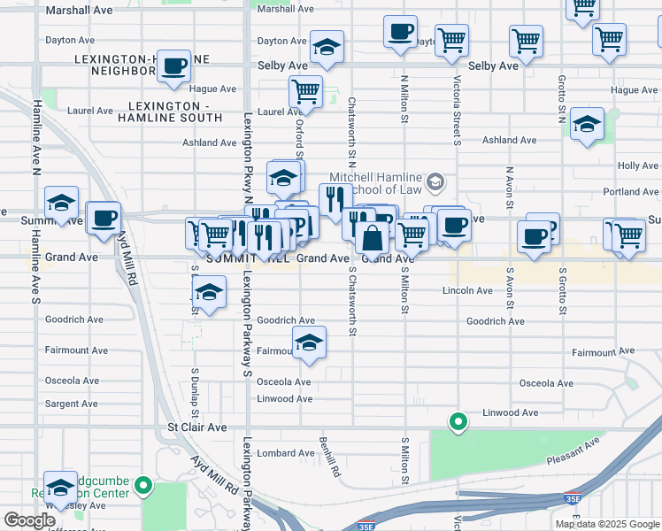 map of restaurants, bars, coffee shops, grocery stores, and more near 1004 Grand Avenue in Saint Paul