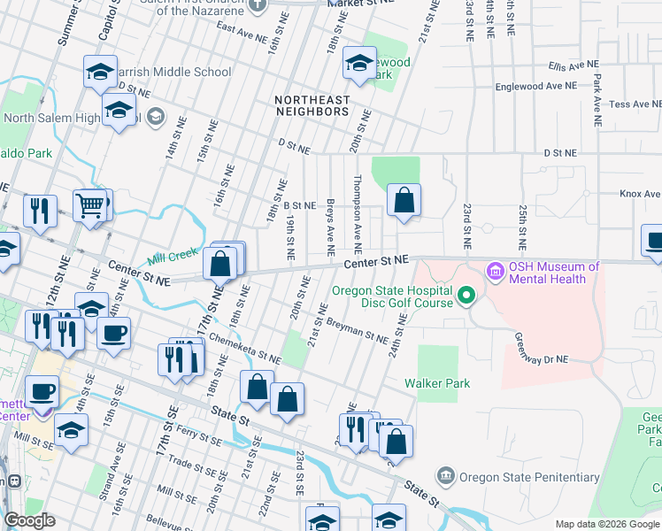 map of restaurants, bars, coffee shops, grocery stores, and more near Center St NE & Breys Ave NE in Salem