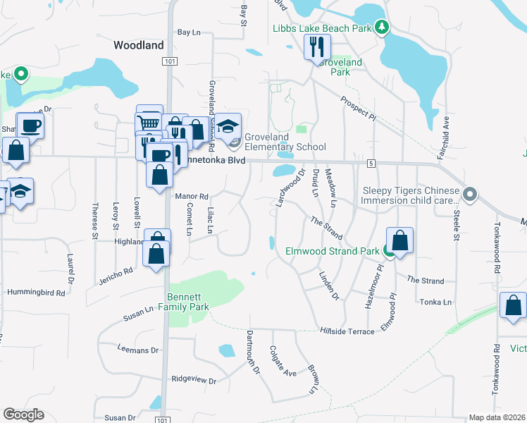 map of restaurants, bars, coffee shops, grocery stores, and more near 3504 Larchwood Drive in Minnetonka