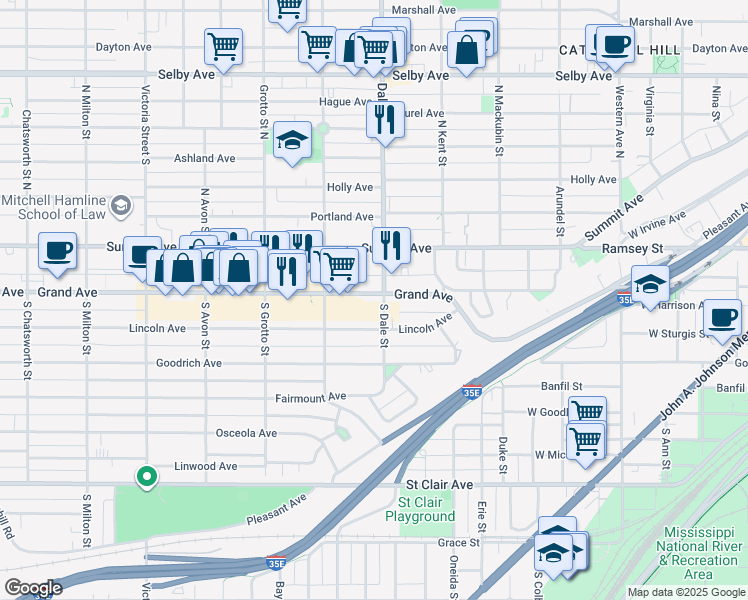 map of restaurants, bars, coffee shops, grocery stores, and more near 628 Grand Ave in St Paul