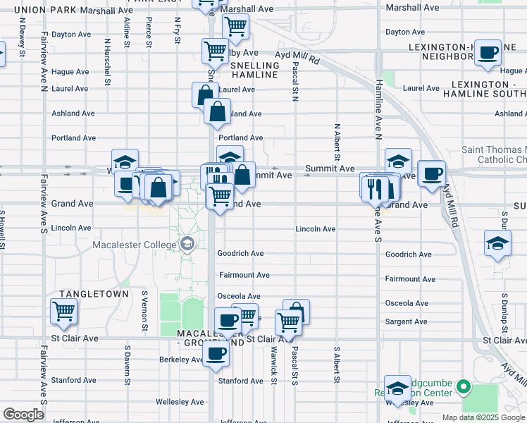 map of restaurants, bars, coffee shops, grocery stores, and more near 1506 Grand Ave in St Paul