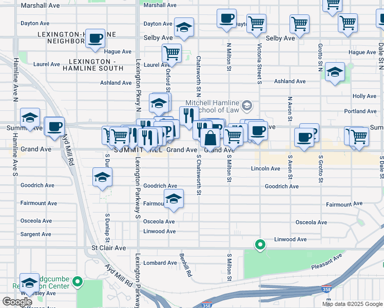 map of restaurants, bars, coffee shops, grocery stores, and more near 1006 Grand Avenue in Saint Paul