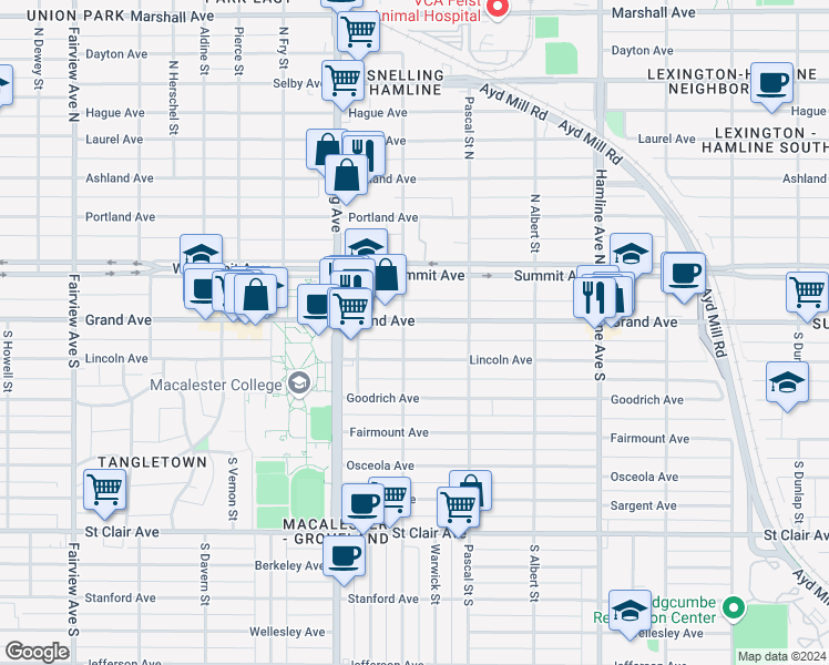 map of restaurants, bars, coffee shops, grocery stores, and more near 1498 Grand Avenue in Saint Paul