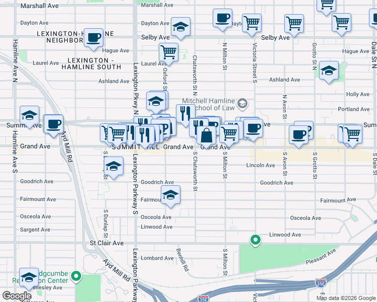 map of restaurants, bars, coffee shops, grocery stores, and more near 990 Grand Avenue in Saint Paul