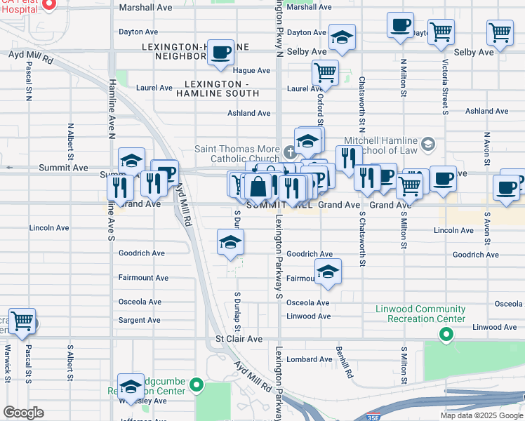 map of restaurants, bars, coffee shops, grocery stores, and more near in Saint Paul